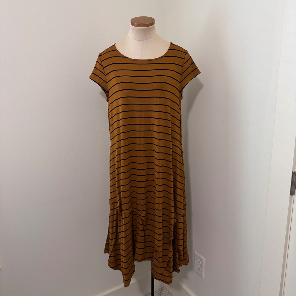 Lisa Bayne Small Black Striped Midi Dress ~ Lagenlook Minimalist Casual
